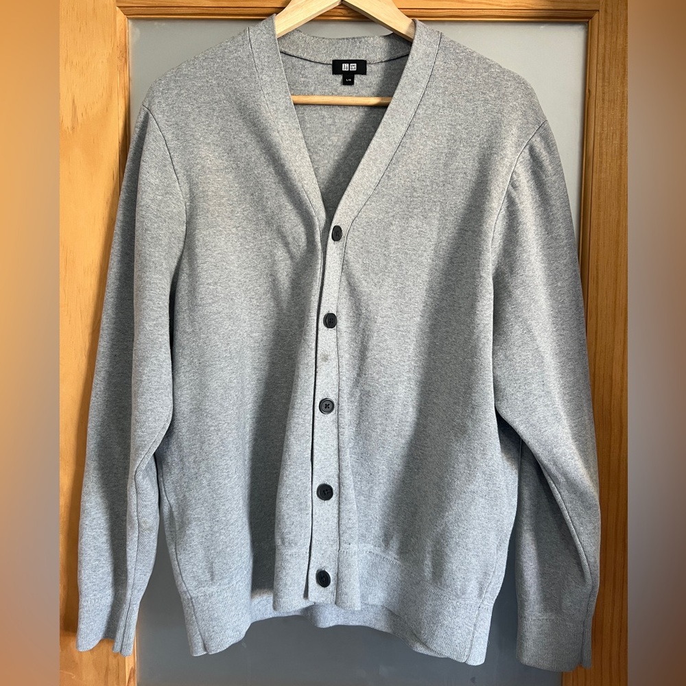 Uniqlo Unisex Washable Milano Ribbed Cotton Blend Light Grey Cardigan - Size L
